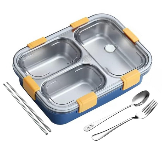 Lunch Box Sealed Leakage Proof Stainless Steel Lunch Box with Fork,Chopstick & Spoon Lid 3 Compartment for School Kids and Adults, 750ml