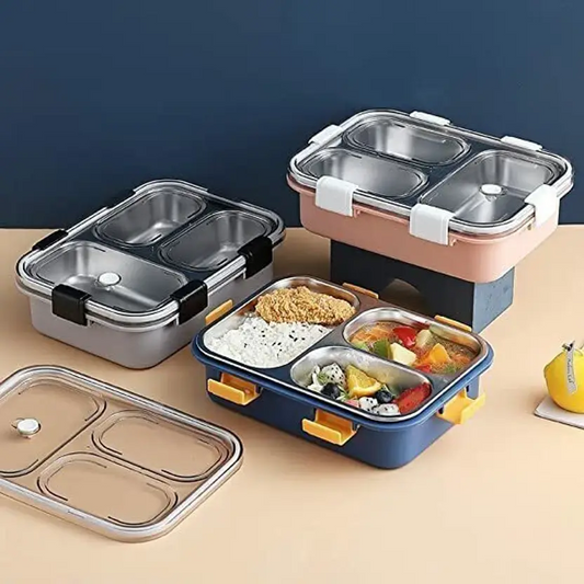 Lunch Box Sealed Leakage Proof Stainless Steel Lunch Box with Fork,Chopstick & Spoon Lid 3 Compartment for School Kids and Adults, 750ml